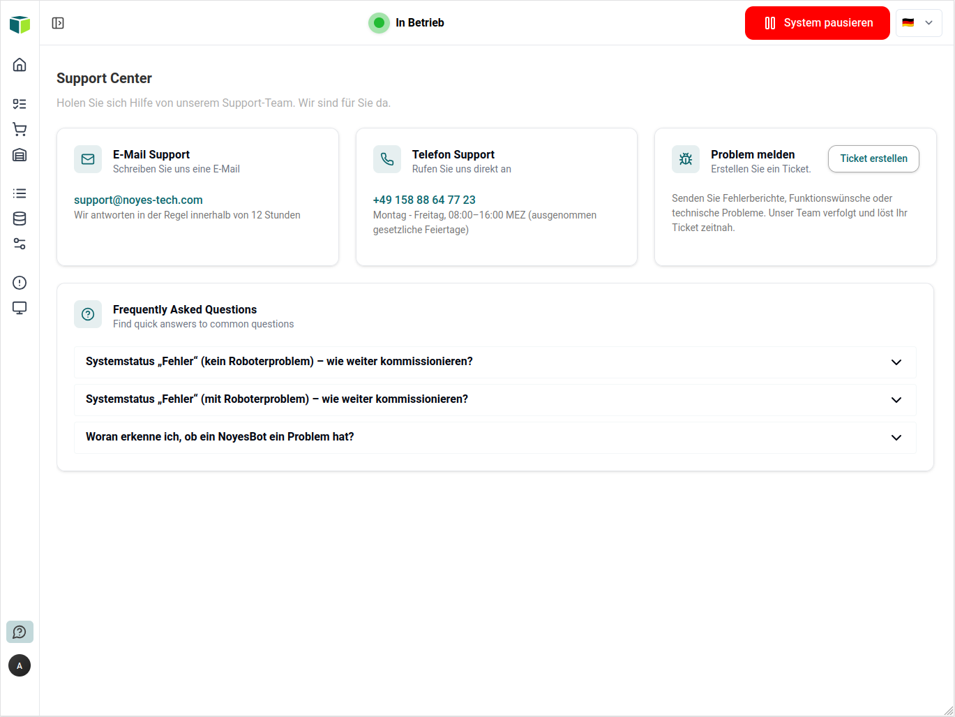Support Center in der UI