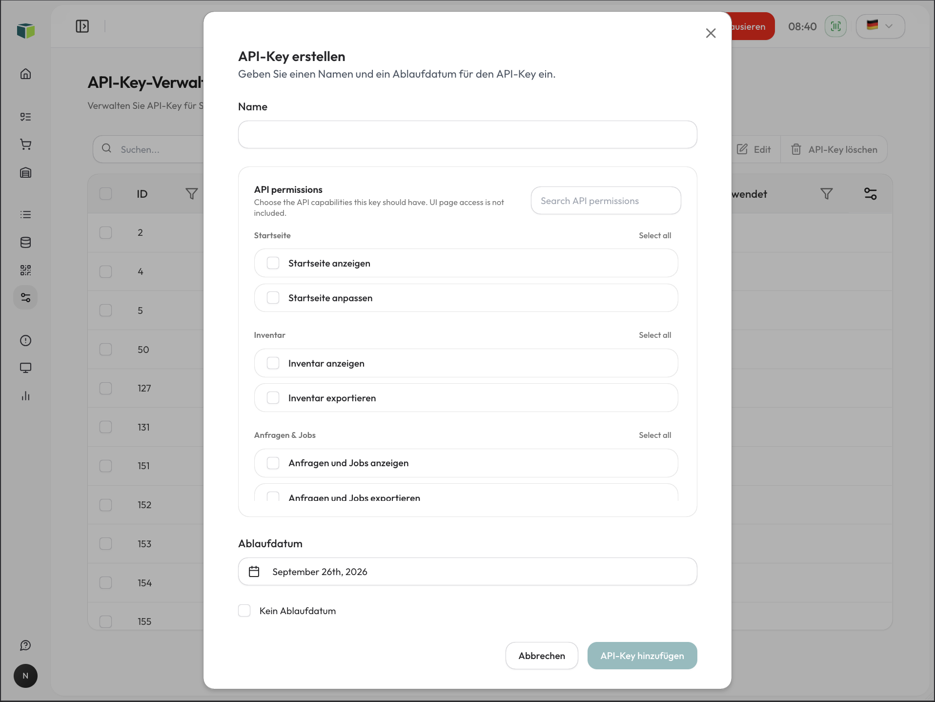 API-Key mit Berechtigungen und Ablaufdatum erstellen