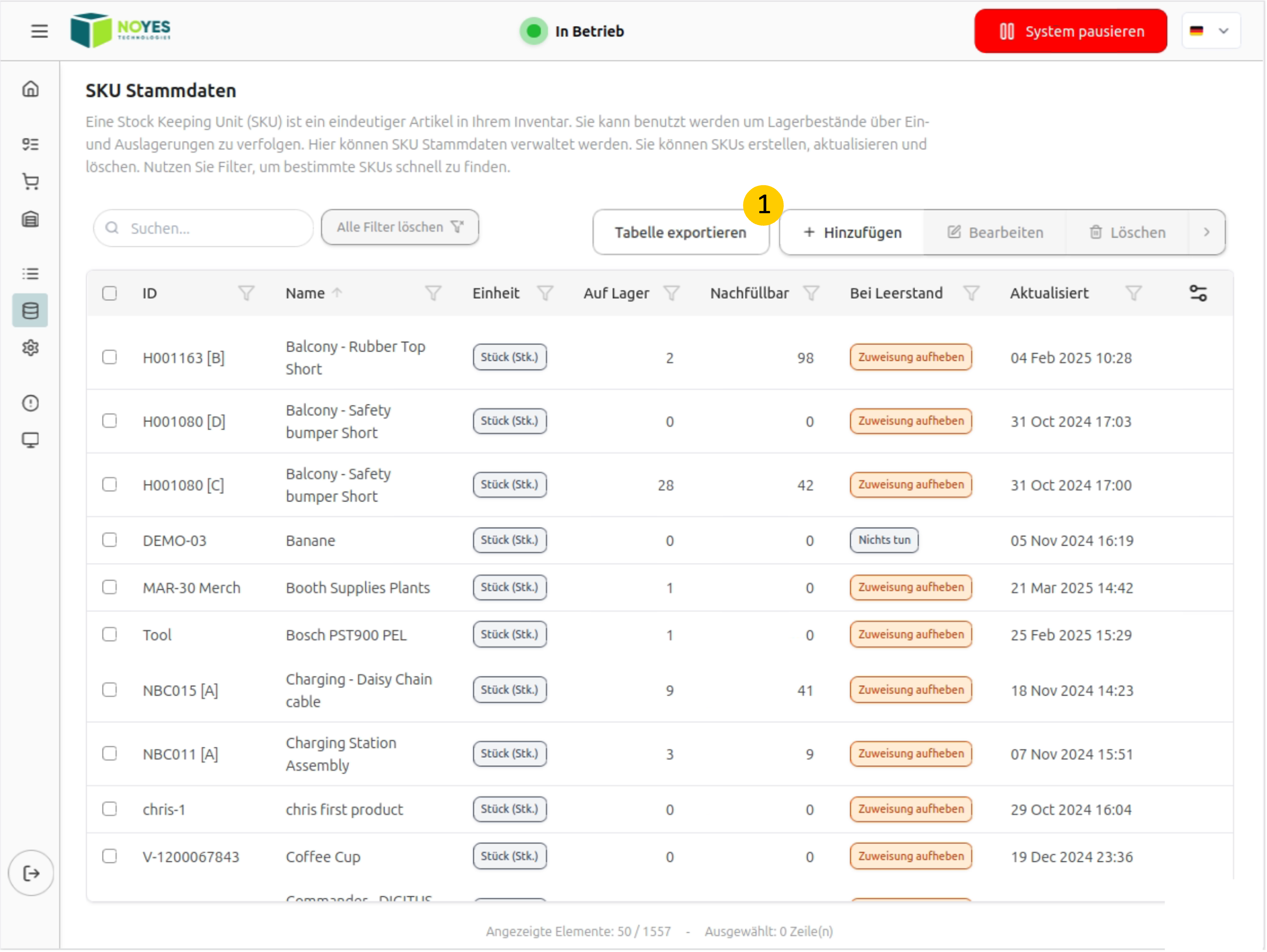 Tabelle mit Exportieren-Schaltfläche