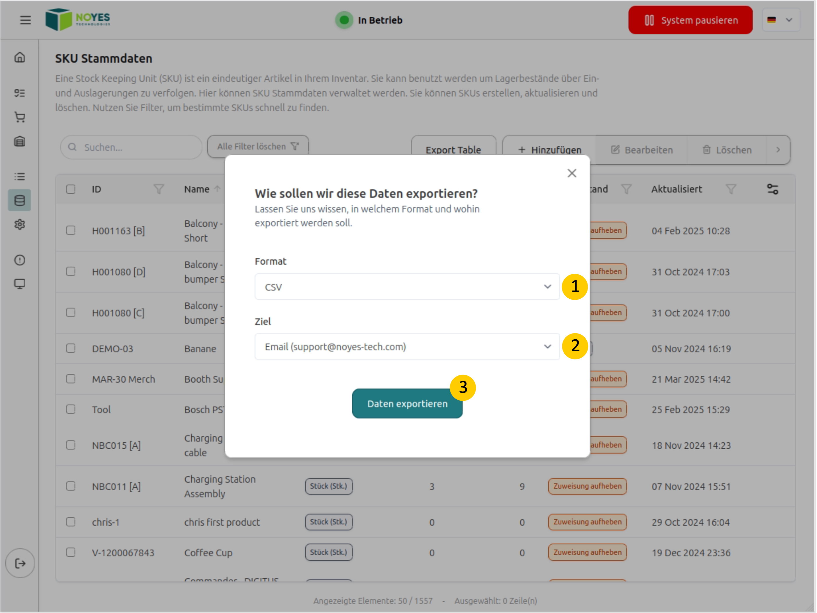 Exportdialog mit Format- und E-Mail-Eingabe