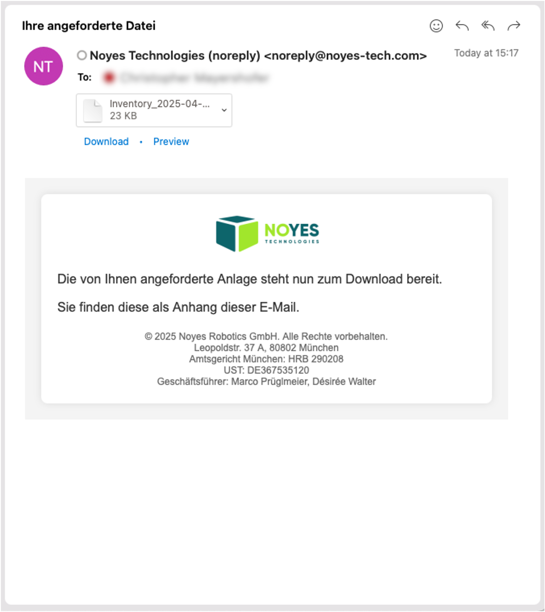 Beispiel einer versendeten E-Mail mit Anhang