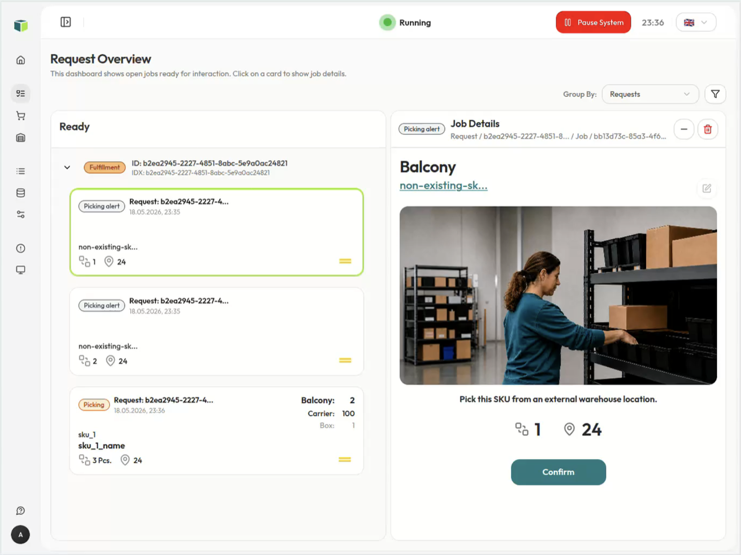 Picking-Alarm im Request-Dashboard mit geöffneten Job-Details