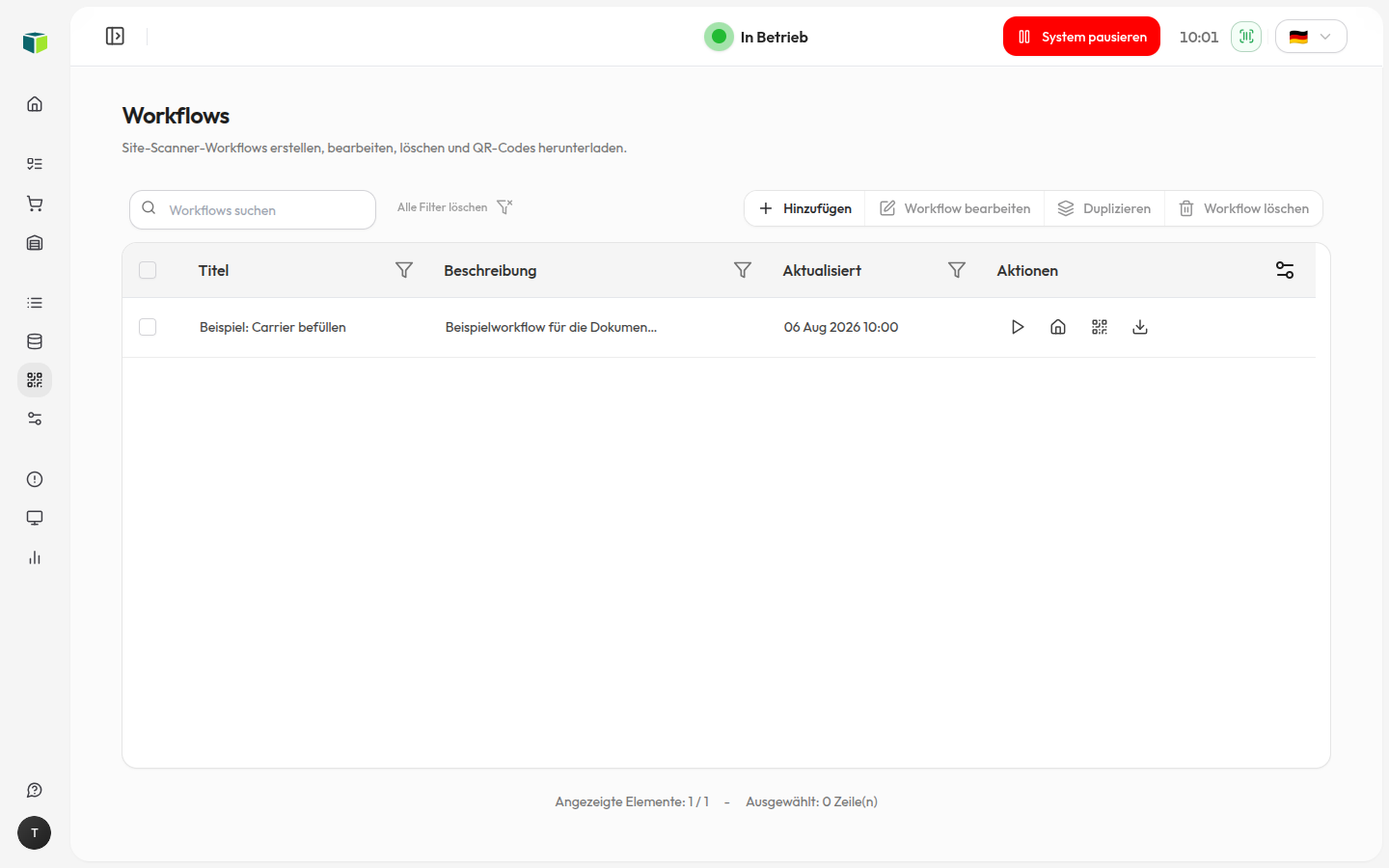 Übersicht der gespeicherten Workflows und verfügbaren Aktionen